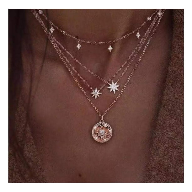 Women Boho Cross Star Moon Flowers Pendant Necklace Choker Multi-layer Jewelry